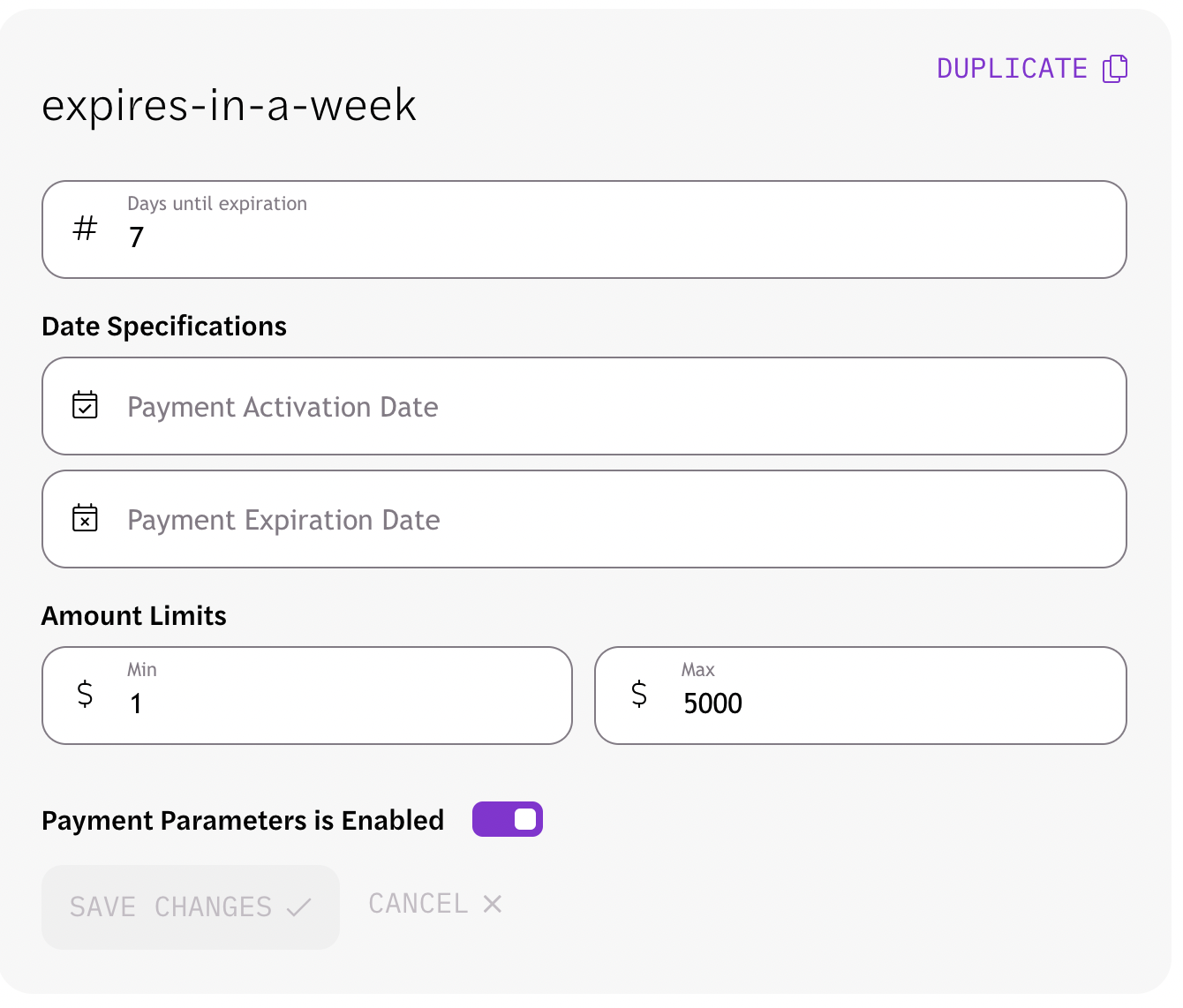 Payment Parameters List