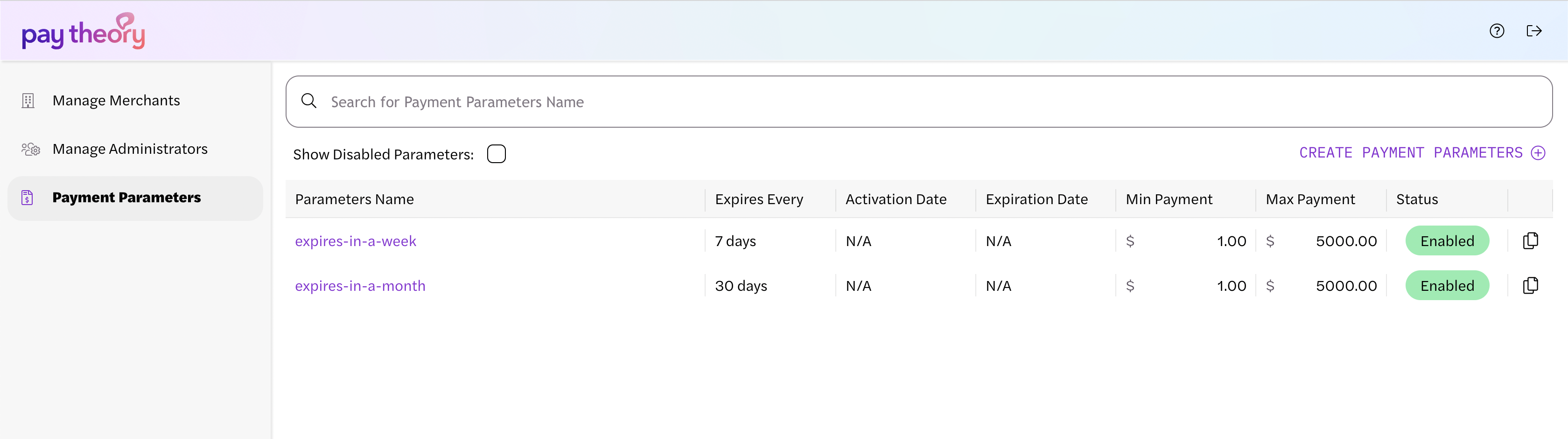 Payment Parameters List